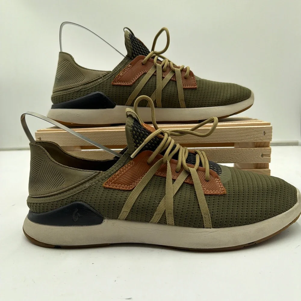 OluKai Sneakers Mio Li Mesh Leather Wet Grip Rubber Olive Green Mens 10